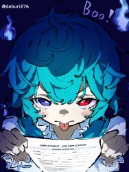 1girl absurdres blue_eyes blue_fire blue_hair blue_vest deburi276 fire heterochromia highres holding holding_paper job_application_form_(meme) long_sleeves looking_at_viewer meme paper red_eyes shirt short_hair solo tatara_kogasa tongue tongue_out touhou twitter_username vest