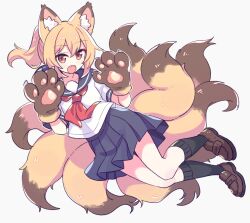 1girl animal_ear_fluff animal_ears animal_hands black_socks blonde_hair double-parted_bangs fang fox_ears fox_girl fox_tail full_body gloves grey_sailor_collar grey_skirt loafers looking_at_viewer miniskirt multiple_tails neckerchief open_mouth original paw_gloves pleated_skirt ponytail red_eyes red_neckerchief sailor_collar school_uniform serafuku shirt shoes short_sleeves simple_background skirt socks solo suzuno_(suzuno3110) tail white_background white_shirt