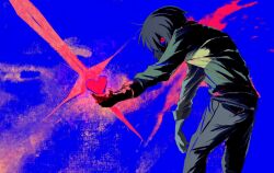 Rule 34 | 1other, black hair, blue background, covered mouth, deltarune, glowing, green sweater, grey pants, heart, highres, holding, holding sword, holding weapon, kris (deltarune), other focus, pants, red eyes, short hair, solo, soul (deltarune), standing, sweater, sword, vivionlyart, weapon