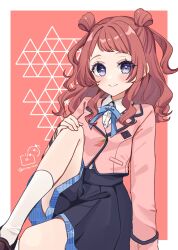 1girl black_skirt blazer blue_bow blush border bow brown_hair brown_shoes closed_mouth collared_shirt commentary_request dress_shirt gakuen_idolmaster hanami_saki hand_on_own_knee hand_up highres idolmaster jacket knee_up loafers long_sleeves looking_at_viewer pink_background pink_jacket pleated_skirt purple_eyes rino_cnc school_uniform shirt shoes sitting skirt smile socks solo twitter_username two_side_up white_border white_shirt white_socks