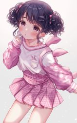 1girl animal_bag backpack bad_id bad_twitter_id bag black_hair bow breast_pocket commentary_request earrings facial_mark fukumaru_koito hair_bow hair_ornament hair_ribbon hairclip high-waist_skirt highres idolmaster idolmaster_shiny_colors jewelry long_sleeves looking_at_viewer miniskirt pink_ribbon pink_skirt pink_sleeves plaid_clothes plaid_skirt pleated_skirt pocket pom_pom_(clothes) pom_pom_earrings puffy_long_sleeves puffy_sleeves purple_eyes rabbit rabbit_bag ribbon shirt short_hair short_twintails skirt sleeves_past_wrists solo sorashima_(117) thighs twintails two-tone_shirt white_background white_shirt