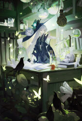1girl animal animal_on_head apple backpack bag bird bird_on_head blue_cloak blue_dress blue_headwear bookshelf brain bug butterfly candle ceiling_light character_request cloak crow dress flask food food_bite fruit glass glowing_butterfly grey_hair hand_up highres holding holding_test_tube indoors insect jack-o&#039;-lantern jar jewelry laboratory lamp lantern large_hat liquid long_hair looking_at_hand looking_away looking_down looking_to_the_side necklace net nine_(liuyuhao1992) on_head onmyoji owl pointy_ears pumpkin round-bottom_flask scroll shelf skeletal_hand skull_necklace standing table test_tube test_tube_rack tree_stump very_long_hair wide_sleeves wooden_table