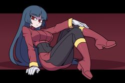 Rule 34 | 1girl, bean52623818, blue hair, blunt bangs, bodysuit, bodysuit under clothes, breasts, crop top, cropped jacket, gloves, hand on own knee, highres, jacket, large breasts, long hair, long sleeves, medium breasts, nintendo, pencil skirt, pokemon, pokemon frlg, red eyes, red jacket, red skirt, sabrina (pokemon), side slit, skirt, solo, straight hair, turtleneck, turtleneck jacket, white gloves