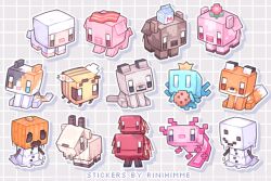 allay animal animal_focus axolotl axolotl_(minecraft) baby_animal bacon bee bee_(minecraft) bug calico_(pattern) cat cat_(minecraft) chibi chibi_only cookie cow cow_(minecraft) creature creature_focus crown english_text everyone flower food fox fox_(minecraft) goat goat_(minecraft) grid_background highres holding holding_food insect jack-o&#039;-lantern low_poly milk_carton minecraft minecraft_earth moolip no_humans outline pig pig_(minecraft) rinihimme sheep sheep_(minecraft) sitting snow_golem_(minecraft) snowman sticker_(medium) sticker_sheet strider_(minecraft) white_outline wolf wolf_(minecraft)