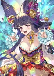 Rule 34 | 1girl, animal ears, banamons, blue hair, breasts, cleavage, dated, double fox shadow puppet, fox ears, fox shadow puppet, granblue fantasy, highres, large breasts, post guild war celebration, purple eyes, signature, solo, teeth, upper teeth only, yuel (granblue fantasy), yuel (grand) (granblue fantasy)