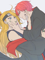 2boys akatsuki_uniform black_nails blue_eyes deidara_(naruto) extra_mouth green_nails grey_background hand_on_another&#039;s_face hayamin35 high_ponytail highres hug jewelry looking_at_another male_focus multiple_boys naruto_(series) naruto_shippuuden open_mouth parted_lips ponytail red_eyes red_hair ring sasori_(naruto) short_hair yaoi