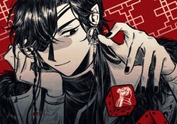 1boy beads black_eyes black_hair black_nails braid chinese_clothes closed_mouth dice earrings eyepatch flclrnldudnj fur_trim hair_beads hair_ornament hair_over_one_eye high_collar highres hua_cheng jewelry layered_clothes long_hair long_sleeves male_focus nail_polish patterned_background pointy_ears red_background red_theme side_braid smile solo spot_color tianguan_cifu upper_body xie_lian