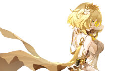 1girl absurdres aglaea_(honkai:_star_rail) ancient_greek_clothes blonde_hair breasts chinese_commentary commentary_request dress flower from_side greco-roman_clothes green_eyes hair_flower hair_ornament highres honkai:_star_rail honkai_(series) large_breasts laurel_crown simple_background solo upper_body via_shinan white_background white_dress