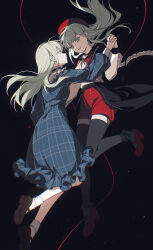 2girls absurdres bang_dream! bang_dream!_it&#039;s_mygo!!!!! beret black_choker black_pantyhose black_skirt blue_dress choker chromatic_aberration commentary dress dual_persona floating_hair frilled_choker frills green_hair hat highres holding_hands interlocked_fingers kanvien light_particles long_hair mortis_(bang_dream!) mortis_(costume)_(bang_dream!) mortis_(persona)_(bang_dream!) multiple_girls open_mouth pantyhose pantyhose_under_shorts plaid_clothes plaid_dress red_hat red_shorts see-through_clothes see-through_sleeves shorts showgirl_skirt skirt socks wakaba_mutsumi watermark white_socks yellow_eyes
