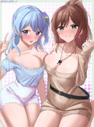 2girls absurdres bang_dream! barefoot belt black_belt blue_hair blue_shirt blush breasts brown_hair brown_sweater cleavage closed_mouth collarbone commentary_request commission earrings frilled_shirt frills green_eyes half_updo hand_up highres imai_lisa jewelry large_breasts long_hair looking_at_viewer matsubara_kanon multiple_girls necklace off-shoulder_shirt off_shoulder one_side_up open_mouth pixiv_commission purple_eyes rikka006 shirt skirt sleeves_past_wrists sweater very_long_hair white_skirt