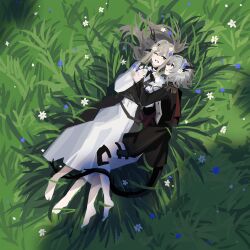 2girls ;d alina_(arknights) animal_ears arknights barefoot black_horns blue_eyes blue_flower chinese_commentary closed_mouth commentary_request epaulettes flower full_body grass grey_eyes grey_hair grin hair_intakes hair_ornament hairclip highres horns long_hair long_sleeves lying multiple_girls on_back on_grass on_side one_eye_closed open_mouth plant profile short_hair smile talulah_(arknights) talulah_the_fighter_(arknights) white_flower yuec