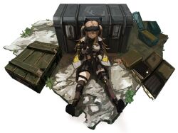 1010kman 1girl ammunition_box black_gloves black_ribbon black_socks black_thighhighs boots breasts brown_hair closed_eyes crop_top full_body girls&#039;_frontline girls&#039;_frontline_2:_exilium gloves goggles goggles_on_head holding holding_weapon jacket kneehighs lenna_(girls&#039;_frontline_2) midriff_peek pleated_skirt pouch ribbon single_kneehigh single_sock single_thighhigh sitting skindentation skirt small_breasts socks solo thigh_pouch thigh_strap thighhighs transparent_background twintails ump9_(girls&#039;_frontline) weapon