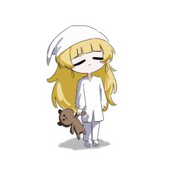 1girl alternate_costume blonde_hair chibi chibi_only closed_eyes closed_mouth commentary cryne english_commentary hat highres holding holding_stuffed_toy long_hair pants phoebe_(wuthering_waves) shirt simple_background slippers solo stuffed_animal stuffed_toy teddy_bear white_background white_hat white_pants white_shirt white_slippers wuthering_waves