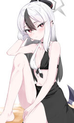 absurdres alternate_costume bare_arms bare_shoulders bikini black_bikini black_hair blue_archive commentary demon_horns demon_wings grey_halo halo highres horns isocha kayoko_(blue_archive) long_hair looking_at_viewer multicolored_bikini multicolored_hair red_eyes simple_background swimsuit thighs two-tone_bikini two-tone_hair white_background white_bikini white_hair wings