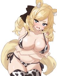 1girl absurdres alternate_costume animal_ear_fluff animal_ears animal_print arknights arms_under_breasts asymmetrical_bangs bikini black_bow blue_eyes blush bow breast_lift breasts cleavage collarbone commentary cow_print cow_print_bikini cow_print_thighhighs cowboy_shot crossed_arms embarrassed fang furrowed_brow hair_bow highres horse_ears horse_girl horse_tail large_breasts leaning_forward long_hair looking_at_viewer midori10 navel open_mouth parted_bangs print_bikini print_thighhighs short_eyebrows side-tie_bikini_bottom simple_background solo standing sweatdrop swimsuit tail textless_version thighhighs wavy_mouth whislash_(arknights) white_background