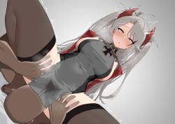 Rule 34 | 1boy, 1girl, :o, absurdres, ahoge, azur lane, breasts, brown thighhighs, commentary request, covered navel, dark-skinned male, dark skin, dress, girl on top, gradient background, grey background, grey dress, grey hair, hakkaman119, hands on another&#039;s thighs, hetero, highres, interracial, large breasts, large variant set, long hair, multicolored hair, parted lips, prinz eugen (azur lane), sideboob, sitting, sitting on face, sitting on person, solo focus, squatting, streaked hair, thick thighs, thighhighs, thighs, two side up, variant set