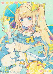 1girl absurdres bag bird blonde_hair blue_eyes bow chick closed_mouth collarbone food fruit green_bow hair_bow handbag haru_(haruxxe) highres jewelry lemon long_hair long_sleeves looking_at_viewer necklace original smile solo twintails very_long_hair window