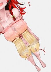 Rule 34 | 1girl, barefoot, black hair, blush, bow, braid, breasts, feet, hair bow, hakos baelz, hakos baelz (5th costume), heart, highres, hololive, hololive english, jewelry, medium breasts, mouse girl, mouse tail, multicolored hair, navel, necklace, official alternate costume, official alternate hairstyle, open mouth, red hair, sharp teeth, shorts, sleepwear, solo, strap slip, tail, teeth, unmeidesu, virtual youtuber, white hair, yellow bow, yellow shorts