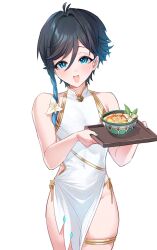 1boy aqua_eyes black_hair blush bowl braid china_dress chinese_clothes don9ri dress flower food genshin_impact gradient_hair hair_flower hair_ornament highres holding holding_plate long_hair male_focus multicolored_hair open_mouth plate single_braid smile solo soup trap venti_(genshin_impact) white_background white_dress