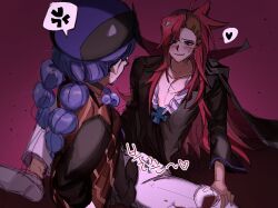 1boy 1girl alchemist_cookie alcohol anger_vein aroused asymmetrical_hair black_cape black_pantyhose black_shirt black_shoes blue_brooch blush braid brother_and_sister brown_dress cape closed_mouth collarbone commentary_request cookie_run cup dress drinking_glass face-to-face footjob_over_clothes frilled_shirt frills from_above from_behind furrowed_brow grey_shoes hair_between_eyes hat heart hetero holding holding_cup humanization incest knee_up korean_commentary long_hair long_sleeves looking_at_another pants pantyhose ponong purple_eyes purple_hair purple_hat red_background red_hair red_wine shadow shirt shoes siblings sidecut simple_background sitting sleeveless sleeveless_dress smile sound_effects spoken_anger_vein spoken_heart spread_legs standing striped_clothes striped_dress sweatdrop twin_braids undercut vampire_cookie vertical-striped_clothes vertical-striped_dress very_long_hair vignetting white_pants wine