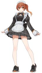 1girl absurdres black_bow black_bowtie black_shoes blush bow bowtie breasts brown_hair cleavage closed_mouth dark_skin full_body highres kopaka_(karda_nui) looking_at_viewer maid maid_headdress no_socks original shoes side_ponytail sneakers solo standing thighs