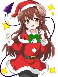 1girl :d alternate_costume black_pantyhose blush bow brown_eyes brown_hair capelet commentary_request cowboy_shot curled_horns demon_girl demon_horns demon_tail dress fur-trimmed_capelet fur-trimmed_dress fur-trimmed_headwear fur-trimmed_sleeves fur_trim green_bow hair_between_eyes hands_up happy hat highres horns kotatsu-mazoku long_hair long_sleeves looking_at_viewer machikado_mazoku open_mouth pantyhose pom_pom_(clothes) red_capelet red_hat santa_costume santa_dress santa_hat sidelocks simple_background smile solo sparkle tail tail_raised tareme very_long_hair white_background yoshida_yuuko_(machikado_mazoku)