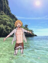 1boy abs absurdres armin_arlert bare_pectorals blonde_hair closed_eyes commentary english_commentary highres keksimuru lens_flare male_focus ocean open_clothes open_mouth open_shirt outstretched_arms pectorals photo_background shingeki_no_kyojin smile solo sun wading