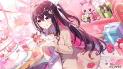 1girl ascot asymmetrical_sidelocks azki_(4th_costume)_(hololive) azki_(hololive) black_hair blurry box braid brown_coat cake coat collared_dress colored_inner_hair commentary_request copyright_notice depth_of_field double-parted_bangs dress dutch_angle falling_petals flower food gift gift_box hair_between_eyes hair_intakes hair_ornament hair_ribbon hairclip half-coat half_up_half_down_braid hololive indoors jiu_(jiwoo_owo9) licking_lips long_hair looking_at_viewer mole mole_under_eye multicolored_hair official_alternate_costume official_art petals pink_flower pink_hair pink_rose pioneer_(azki) purple_eyes ribbon rose sidelocks sitting smile solo streaked_hair stuffed_toy three-quarter_sleeves tongue tongue_out very_long_hair virtual_youtuber white_ascot white_dress white_hair