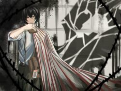 Rule 34 | 1boy, absurdres, barbed wire, black eyes, black hair, brown pants, closed mouth, expressionless, frown, hand up, highres, jacket, limbus company, looking at viewer, male focus, pants, parody, project moon, shirt, short hair, single wing, skirt, solo, standing, suspenders, vncaheo, white shirt, wings, yi sang (project moon)