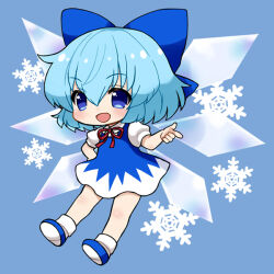 1girl blue_background blue_bow blue_dress blue_eyes blue_hair blush bow chibi cirno commentary detached_wings dress fang hair_between_eyes hair_bow ice ice_wings open_mouth rikaon short_hair short_sleeves skin_fang snowflakes solo touhou wings