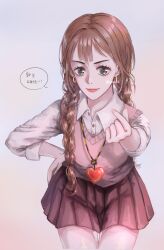 Rule 34 | 1girl, absurdres, blunt bangs, braided twintails, chocolat meilleure, closed mouth, commentary request, cowboy shot, earrings, etok0u0, eyelashes, finger heart, green eyes, hand on own hip, heart pendant, highres, jewelry, korean commentary, looking at viewer, orange hair, pink sweater vest, shirt, skirt, smile, solo, sugar sugar rune, sweater vest, twitter username, white shirt