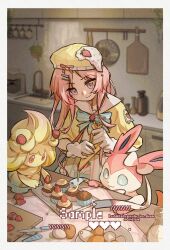 2girls :3 alcremie alcremie_(rainbow_swirl) alcremie_(strawberry_sweet) apron blonde_hair blue_bow blue_eyes blue_skirt border bow bright_pupils cupcake egg_(food) food food-themed_creature food-themed_hair_ornament gen_6_pokemon gen_8_pokemon gloves hair_ornament hat highres indoors looking_at_object multiple_girls nintendo pastry_bag pink_fur pink_hair pokemon pokemon_(creature) ribbon robinlovesop shirt skirt standing strawberry_hair_ornament sylveon upper_body waist_apron white_apron white_border white_fur white_gloves white_pupils yellow_hat yellow_shirt