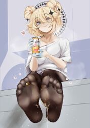 1girl absurdres blonde_hair blue_eyes blush can double_bun drink feet hair_bun highres jewelry kaneko_lumi long_hair looking_at_viewer pantyhose phase_connect pupi_(rain_prophet) smile soles steam toe_ring toes