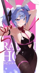 Rule 34 | 1girl, absurdres, animal ears, aqua eyes, aqua hair, armpits, arms up, black leotard, blush, bow, breasts, closed mouth, covered navel, fake animal ears, fake tail, fishnet thighhighs, fishnets, hair between eyes, hair ornament, hairband, hatsune miku, heart, heart-shaped pupils, highres, leotard, long hair, looking at viewer, medium breasts, miku day, pink background, playboy bunny, pole, presenting armpit, rabbit ears, rabbit hole (vocaloid), rabbit tail, red bow, smile, solo, symbol-shaped pupils, tail, thigh strap, thighhighs, vocaloid, weimiaw, white hairband