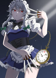 Rule 34 | 1girl, absurdres, apron, blue dress, bow, braid, cowboy shot, dress, frilled apron, frills, green bow, grey hair, hair bow, hand up, highres, holding, holding knife, izayoi sakuya, knife, maid, maid headdress, norimi (01norimi28), pocket watch, red eyes, short dress, short sleeves, solo, standing, thigh strap, touhou, twin braids, waist apron, watch