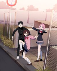 1boy 2girls :d ^_^ absurdres anime_coloring antenna_hair asymmetrical_hair ayase_momo black-framed_eyewear black_hair black_jacket black_pants blazer blue_skirt bow bowtie breasts brown_eyes brown_hair brown_shoes buttons chain-link_fence closed_eyes closed_mouth collared_shirt commentary crossed_legs dandadan double_v english_commentary facing_viewer fash fence foreshortening full_body gakuran glasses grass grey_skirt grin hair_behind_ear hair_between_eyes high_school_girls_posing_for_google_street_view_(meme) highres jacket kneehighs layered_sleeves loafers long_sleeves looking_at_viewer loose_socks medium_breasts meme miniskirt multiple_girls open_mouth outdoors pants pink_hair pink_sweater pleated_skirt pout puffy_long_sleeves puffy_sleeves red_bow red_bowtie round_eyewear school_uniform shiratori_aira_(dandadan) shirt shoelaces shoes short_hair sign skirt sky smile socks standing standing_on_one_leg sweater takakura_ken_(dandadan) tree upturned_eyes v very_short_hair white_shirt white_shoes white_sky white_socks