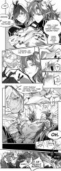 2boys azhdaha_(genshin_impact) bad_tag blush breastfeeding breasts dragon_horns english_text genshin_impact greyscale horns lactation monochrome multiple_boys nipple_stimulation nipple_tweak nipples rubbing_nipples speech_bubble squeezing_nipples treetree233 twitter yaoi zhongli_(genshin_impact)
