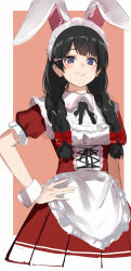 Rule 34 | 1girl, animal ear hairband, animal ears, apron, black hair, bow, braid, dress, fake animal ears, hair bow, hair ornament, hairband, hairclip, hand on own hip, highres, isshiki (ffmania7), long hair, looking at viewer, nijisanji, puffy short sleeves, puffy sleeves, purple eyes, rabbit ear hairband, rabbit ears, red dress, short sleeves, smile, solo, tsukino mito, tsukino mito (spring maid), twin braids, waitress, white apron, wrist cuffs
