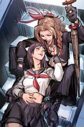 2girls absurdres aerith_gainsborough aerith_gainsborough_(midgard_seventh_high_school) afterlaughs black_boots black_gloves black_hair black_mask black_sailor_collar black_shirt black_skirt boots bracelet breasts brown_hair colored_tips crop_top delinquent earrings final_fantasy final_fantasy_vii final_fantasy_vii_ever_crisis flower gloves grey_neckerchief hair_ornament hair_ribbon hair_scrunchie hand_on_own_stomach highres holding holding_staff jewelry long_hair long_skirt long_sleeves looking_at_another low-tied_long_hair mask mask_pull medium_breasts midriff mouth_mask multicolored_hair multiple_girls neckerchief official_alternate_costume parted_bangs parted_lips pleated_skirt ponytail red_eyes red_hair red_neckerchief red_ribbon ribbon sailor_collar school_uniform scrunchie shirt sidelocks sitting sitting_on_stairs skirt staff stairs sukeban tifa_lockhart tifa_lockhart_(midgard_seventh_high_school) wavy_hair white_flower white_shirt x_hair_ornament yuri