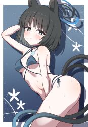animal_ear_fluff animal_ears ass bikini black_bikini black_choker black_eyes black_hair blue_archive blue_bikini bright_pupils cat_ears cat_girl choker criss-cross_halter gradient_halo gradient_tail halo halterneck highres kikyou_(blue_archive) kikyou_(swimsuit)_(blue_archive) layered_bikini looking_at_viewer multicolored_halo multiple_tails official_alternate_costume short_hair side-tie_bikini_bottom swimsuit tail two_tails yuchiberu