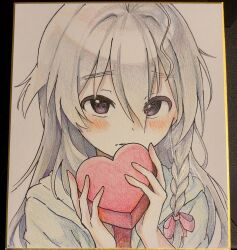 1girl absurdres blush box commentary_request grey_hair heart-shaped_box highres hoshi_syoko idolmaster idolmaster_cinderella_girls jacket kopanda2g3g long_hair looking_at_viewer photo_(medium) purple_eyes shikishi smile solo traditional_media upper_body valentine