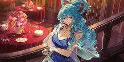 1girl alternate_costume blue_dress blue_eyes blue_hair blue_nails breasts champagne_flute chisel cleavage collarbone cup dress drill_hair drill_sidelocks drinking_glass flower fork game_cg hair_ornament hair_rings hair_stick highres indoors jewelry kaku_seiga kyusoukyu large_breasts long_hair looking_at_viewer mole mole_on_breast necklace official_art open_mouth orange_flower orange_rose pendant pink_flower pink_rose plate red_flower red_rose rose see-through_clothes see-through_shawl shawl sidelocks sleeveless sleeveless_dress smile solo table third-party_source touhou touhou_lostword vase