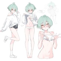 Rule 34 | 1girl, absurdres, ahoge, aqua hair, bare hips, barefoot, bikini, bikini top only, black shorts, blush, breasts, dolphin shorts, full body, hair between eyes, hair ornament, highres, holding, holding panties, holding underwear, holding unworn clothes, idolish7, isumi haruka, long sleeves, looking at viewer, navel, no panties, panties, shoes, short hair, shorts, simple background, single bare shoulder, sirin (sirin 8 8), small breasts, solo, sweatdrop, sweater, swimsuit, underwear, unworn panties, upper body, white background, white bikini, white panties, white shoes, white sweater, x hair ornament, yellow eyes