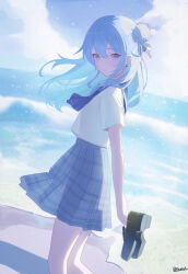 1girl absurdres alternate_costume beach blue_eyes blue_hair blue_skirt blue_sky closed_mouth cloud colored_inner_hair commentary day deozt double-parted_bangs floating_hair from_side hair_between_eyes hair_bun highres holding holding_shoes holding_unworn_clothes hololive hoshimachi_suisei loafers long_hair looking_at_viewer multicolored_hair official_alternate_hairstyle one_side_up outdoors plaid_clothes plaid_skirt pleated_skirt sailor_collar school_uniform see-through_silhouette serafuku shirt shoes short_sleeves side_up_bun single_hair_bun skirt sky smile solo star_(symbol) star_in_eye symbol-only_commentary symbol_in_eye unworn_shoes virtual_youtuber white_shirt