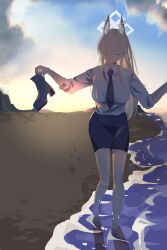1girl absurdres animal_ears beach blue_archive blue_halo blue_necktie blue_shirt commentary dog_ears dog_girl extra_ears hair_over_one_eye halo highres holding holding_shoes kanna_(blue_archive) necktie notched_ear ocean outdoors pencil_skirt sand shirt shoes skirt solo sunset toriko_(honmono)