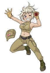 1girl arm_up armpits belt belt_buckle black_belt blonde_hair boots brown_hair brown_pants brown_shirt buckle cargo_pants collared_halterneck crop_top dog_tags floating full_body georgia_(country) georgian georgian_flag georgian_legion green_boots grin halterneck hand_up japanon leather_belt looking_at_viewer midriff navel nika_(usergore) non-web_source one_eye_closed original pants parted_lips russo-ukrainian_war scar scar_on_arm scar_on_shoulder shiny_eyes shirt smile solo tan tanline unworn_headwear