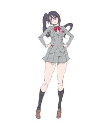 Rule 34 | 1girl, black eyes, black hair, bleach, breasts, closed mouth, female focus, highres, kuchiki rukia, long hair, maxi, medium breasts, school uniform, smile, white background