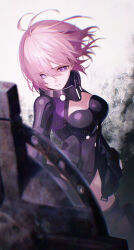 1girl absurdres armor armored_leotard black_armor black_thighhighs breasts cleavage cleavage_cutout clothing_cutout fate/grand_order fate_(series) fomnant gauntlets hair_over_one_eye highres large_breasts leotard mash_kyrielight mash_kyrielight_(ortenaus) mold_camelot pink_hair purple_eyes shield short_hair solo thighhighs