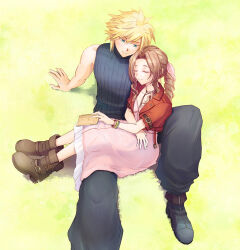 Rule 34 | 1boy, 1girl, aerith gainsborough, baggy pants, bangle, black boots, black pants, black shirt, blonde hair, blue eyes, book, boots, bracelet, braid, braided ponytail, brown boots, brown hair, choker, closed eyes, closed mouth, cloud strife, couple, cropped jacket, dress, final fantasy, final fantasy vii, final fantasy vii rebirth, final fantasy vii remake, flower choker, from above, hair between eyes, hair ribbon, hetero, holding, holding book, jacket, jewelry, light blush, long dress, long hair, looking at another, pants, parted bangs, pink dress, pink ribbon, red jacket, ribbon, shirt, short hair, sidelocks, single braid, sitting, sitting on lap, sitting on person, sleeping, sleeveless, sleeveless turtleneck, smile, spiked hair, turtleneck, yahokichi ma