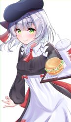 1girl bird blunt_bangs blush braid breasts burger cabbie_hat chicken drink drinking_straw employee_uniform food genshin_impact green_eyes hat keipup kfc lettuce long_sleeves looking_at_viewer noelle_(genshin_impact) noelle_(kfc)_(genshin_impact) short_hair silbia_coll simple_background tray white_background